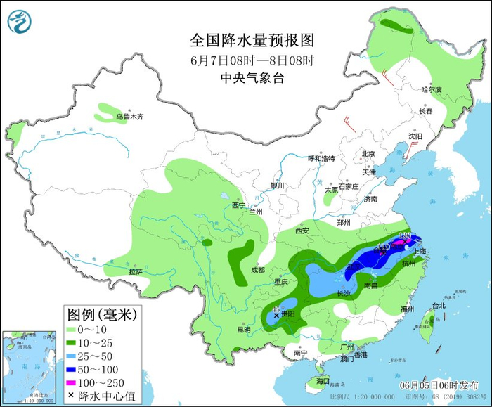 图3 全国降水量预报图（6月7日08时-8日08时）