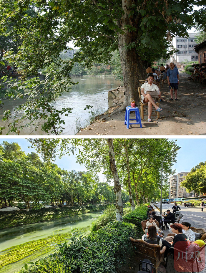 曾经坑洼的土路（上图摄于 2001年）已修缮一新，周边绿树成荫，市民依旧惬意地坐在沙河旁喝茶（下图摄于 2024年）。