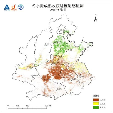 图1  6月5日FY-3D卫星遥感监测冬小麦收获进度图