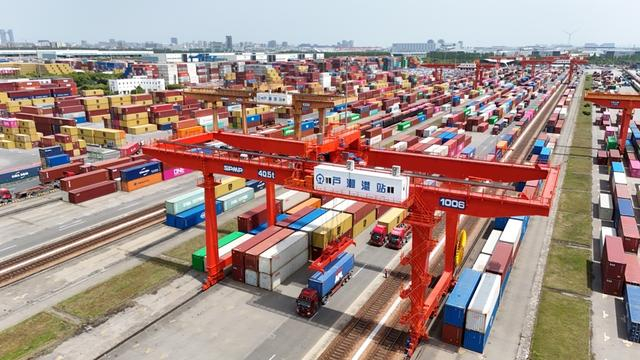 上海芦潮港中心站正在进行海铁联运作业。 李嘉 摄