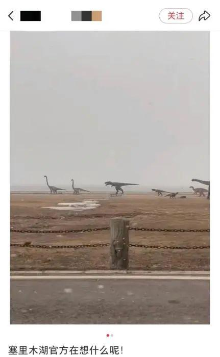 新疆赛里木湖畔的恐龙雕塑被批“丑”。社交媒体截图