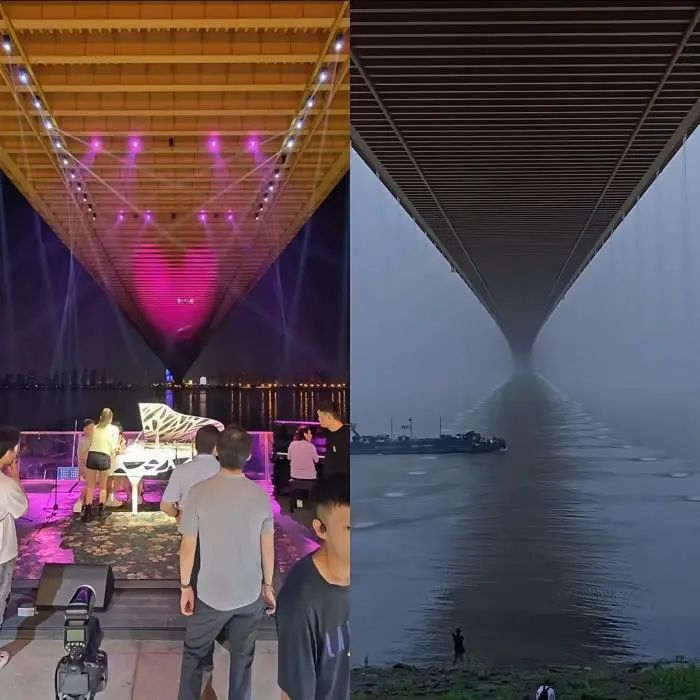 武汉市杨泗港长江大桥改造前后对比。社交媒体截图