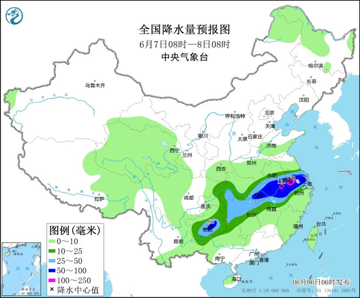 图2 全国降水量预报图（6月7日08时-8日08时）