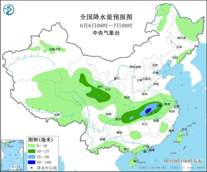 图1 全国降水量预报图（6月6日08时-7日08时）
