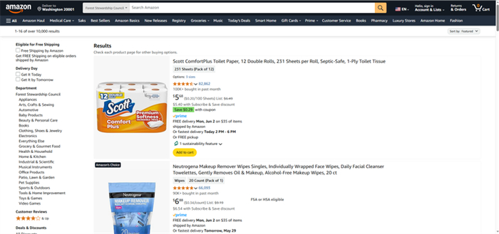 亚马逊平台上展示的FSC认证产品