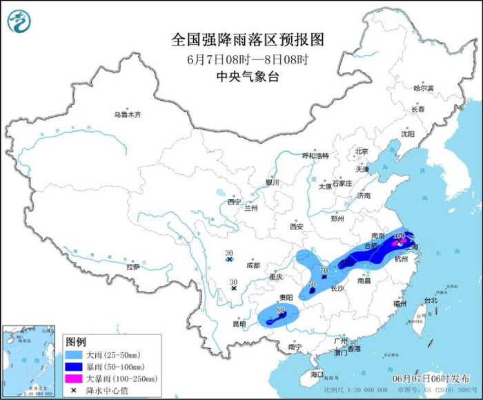 图1 全国强降雨落区预报图（6月7日08时-8日08时）