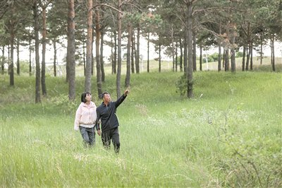 6月3日，李明明下班后来到林场，与父亲一起在林间散步。 新华社记者 潘昱龙  摄