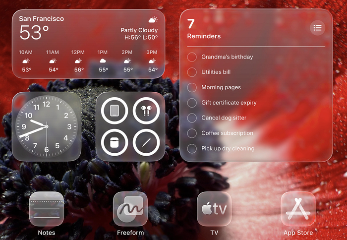 采用“液态玻璃”设计后的iPad界面效果  图片来源：苹果官网