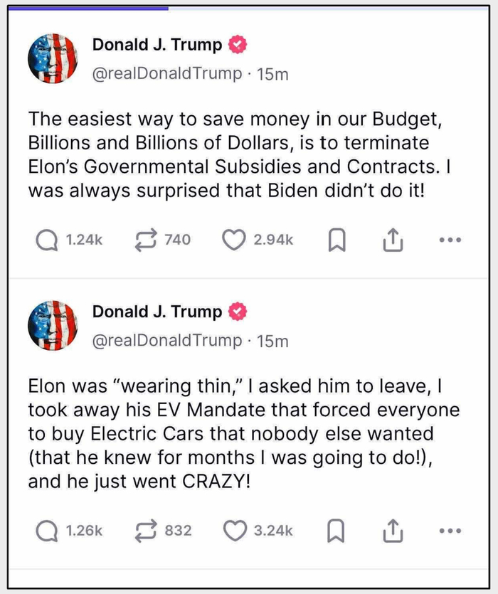 特朗普2025年6月怒斥马斯克的推文。本文作者供图，截图自“真相社交”（Truth Social）平台。