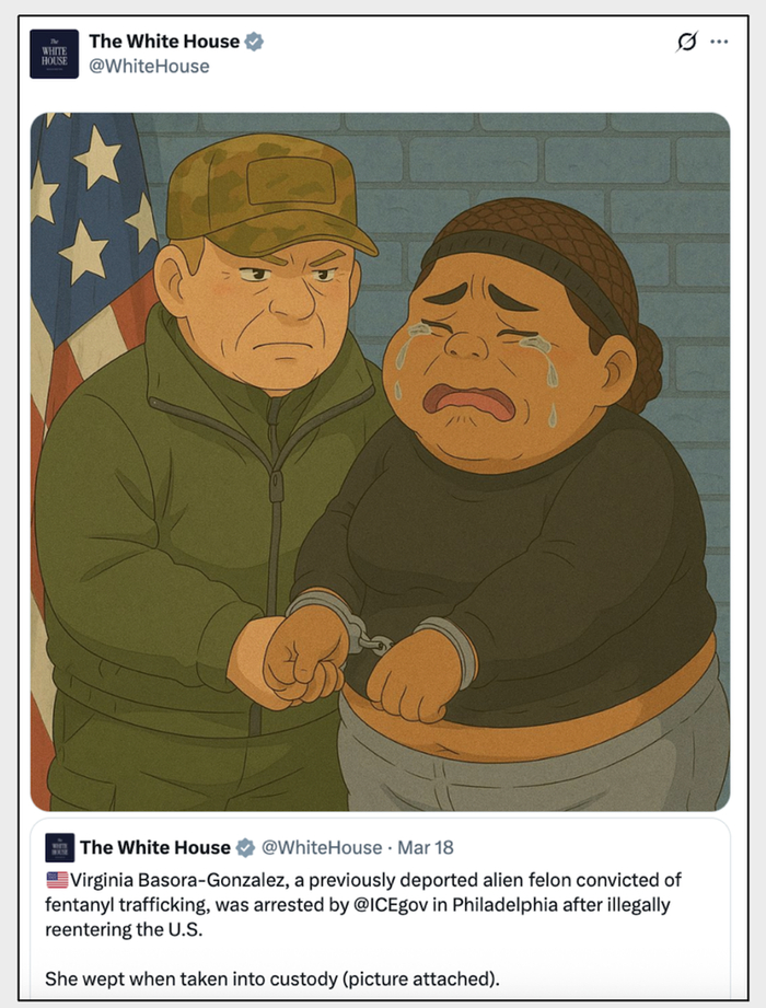 2025年3月18日白宫官方X平台推文，用AI生成吉卜力风格的卡通来描绘联邦政府驱逐非法移民的进展。本文作者供图