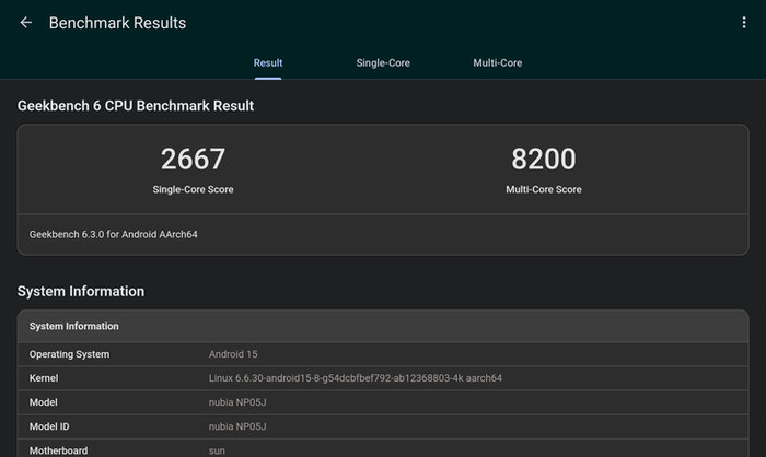 GeekBench6.0下单核成绩2667分，双核8200分