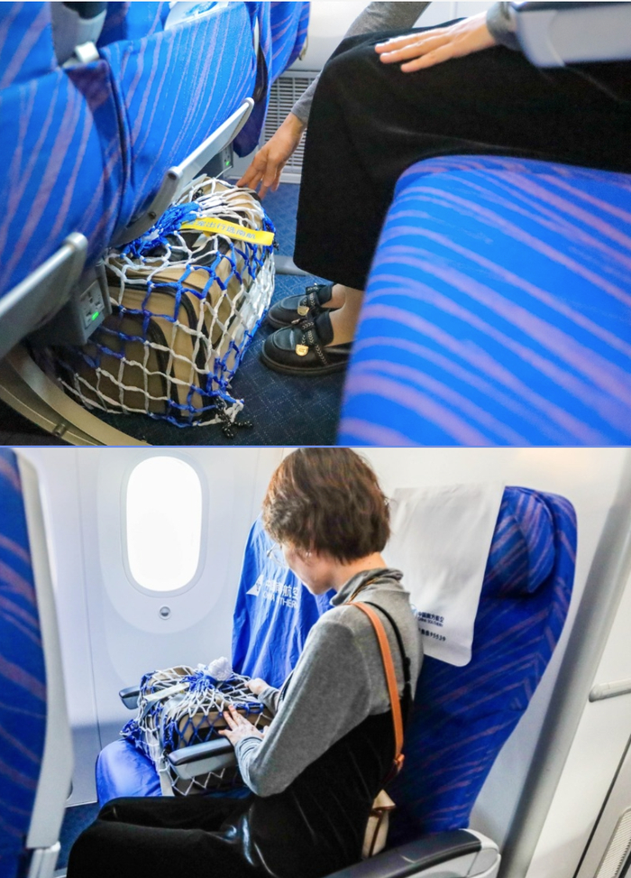 　　南航宠物进客舱服务要求宠物航空箱放置于主人前排座椅下方或加价购买的专属座位上。（受访者供图）