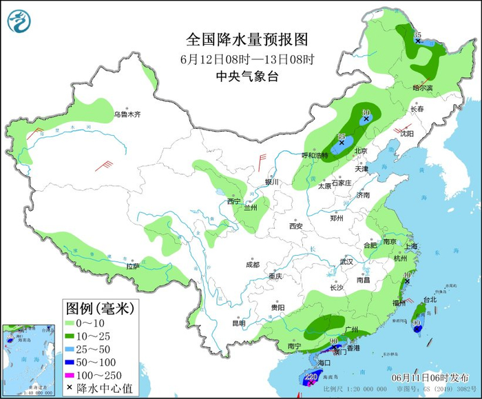 图2 全国降水量预报图（6月12日08时-13日08时）