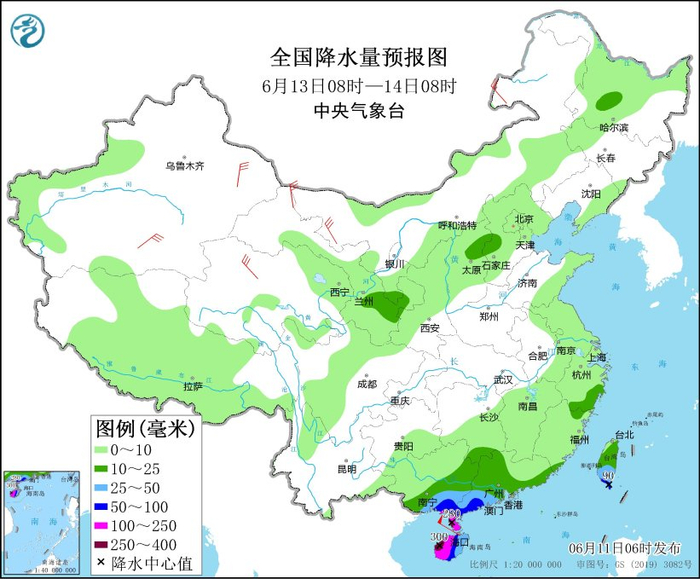 图3 全国降水量预报图（6月13日08时-14日08时）