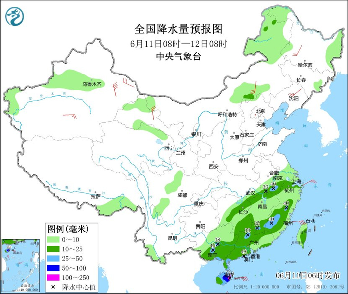 图1 全国降水量预报图（6月11日08时-12日08时）