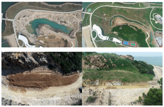 ▲三角岛矿山及裸地修复前（左2020年）后（右2023年）对比