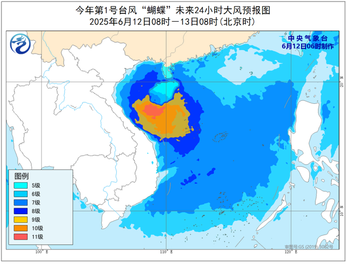 图2 今年第1号台风“蝴蝶”未来24小时大风预报图