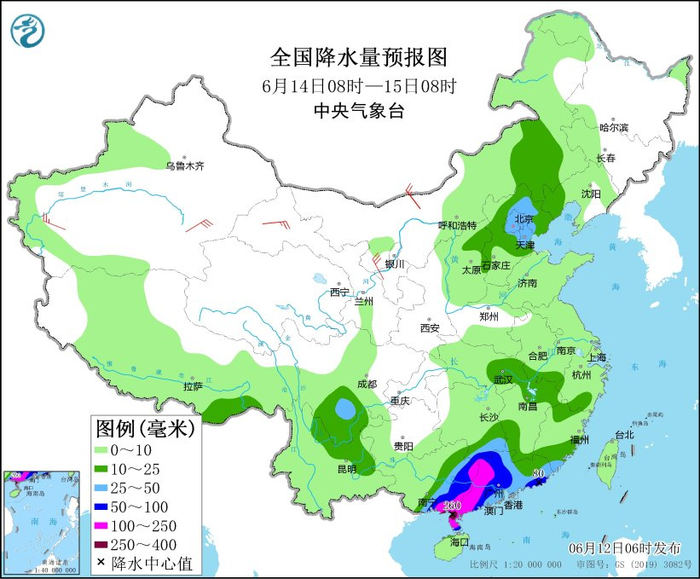 图5 全国降水量预报图（6月14日08时-15日08时）