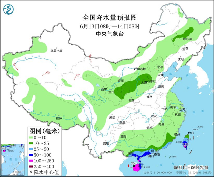 图4 全国降水量预报图（6月13日08时-14日08时）