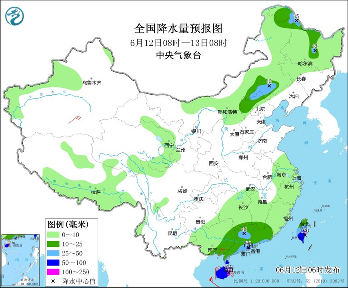 图3 全国降水量预报图（6月12日08时-13日08时）