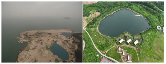 ▲三角岛湖泊整治修复前（左2017年）后（右2023年）对比