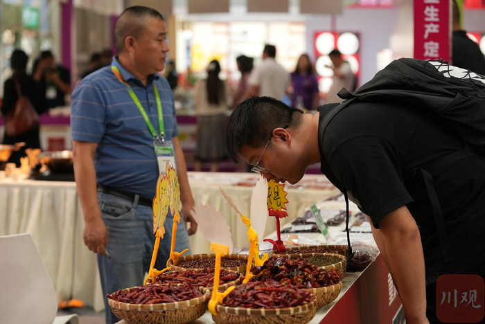 多个产地的辣椒花椒一一陈列，一名参观者正凑近仔细查看辣椒品相