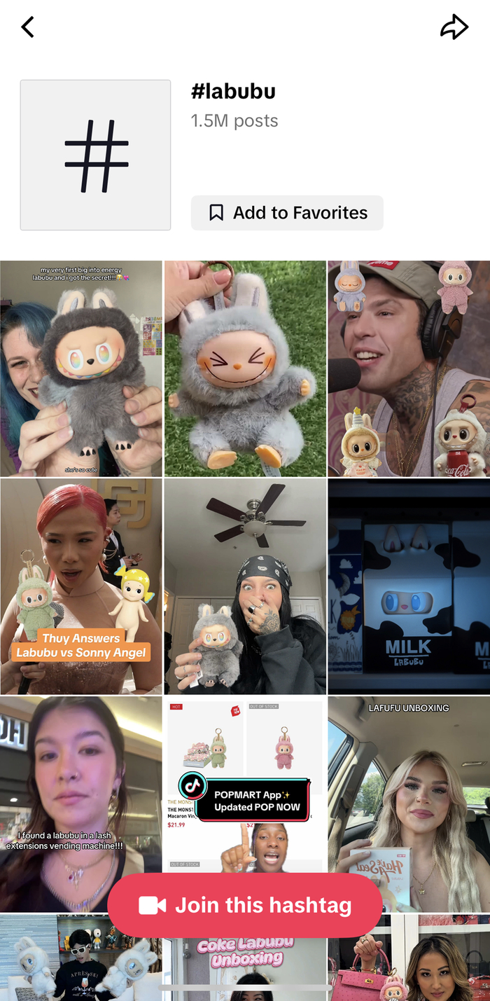图为:TikTok上,“Labubu”标签下已有超过150万条视频
