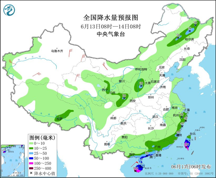 图3 全国降水量预报图（6月13日08时-14日08时）