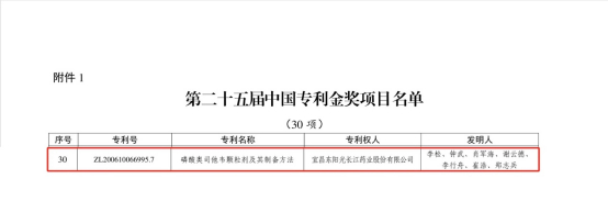 图1：东阳光药发明专利“磷酸奥司他韦颗粒剂及其制备方法”荣膺第二十五届中国专利金奖