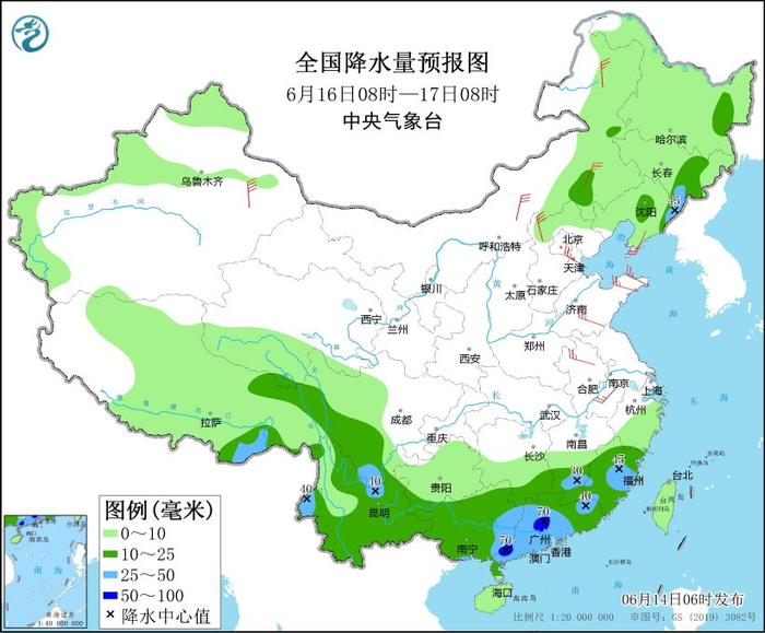 图6 全国降水量预报图（6月16日08时-17日08时）