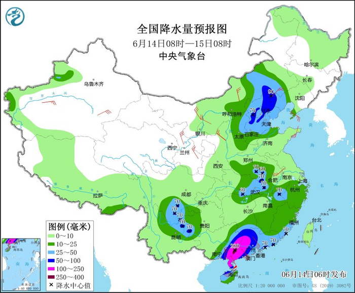 图4 全国降水量预报图（6月14日08时-15日08时）