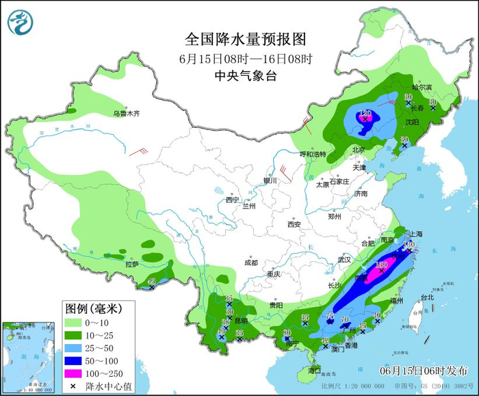 图4 全国降水量预报图（6月15日08时-16日08时）