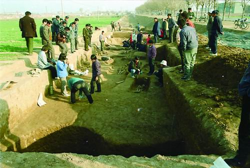 ▲傅家遗址南区墓地1995年发掘现场。