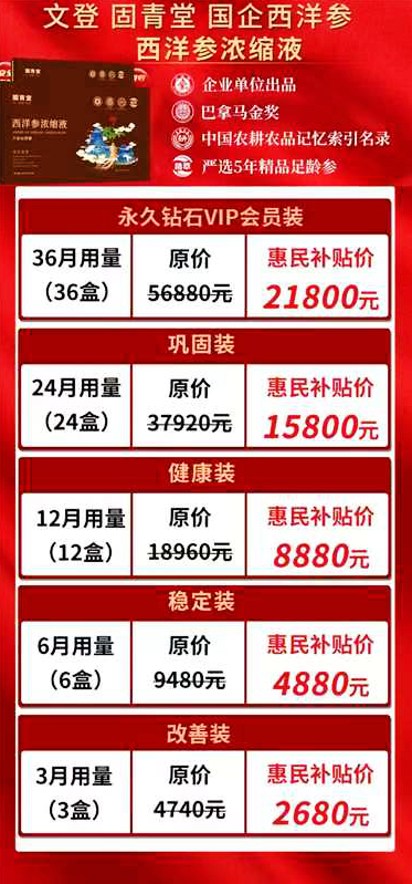 　　营销人员宣传的固青堂西洋参浓缩液套餐惠民补贴价。