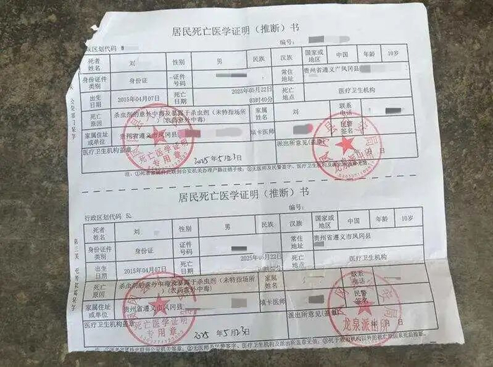 案发后，凤冈县人民医院开具的居民死亡医学证明（推断）书。受访者供图