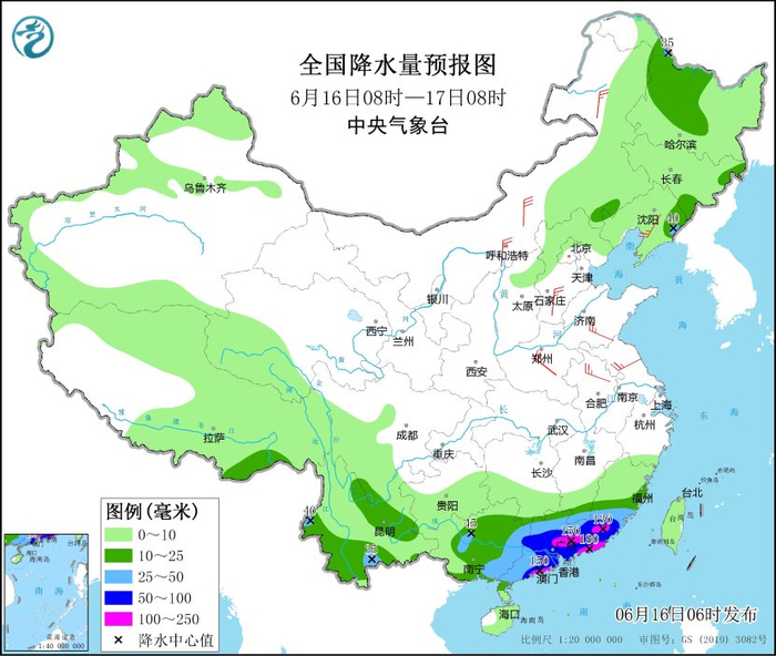 图3 全国降水量预报图（6月16日08时-17日08时）