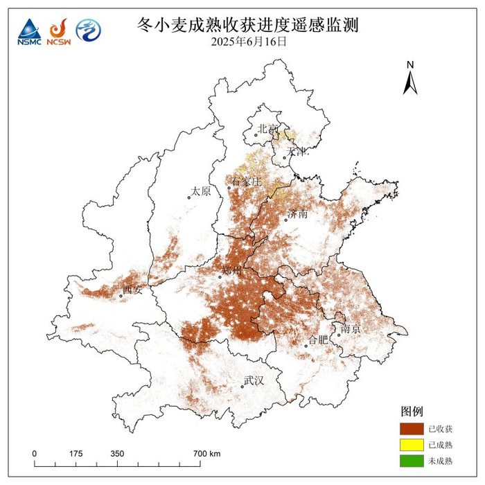 图1  6月16日冬小麦成熟收获进度遥感监测图