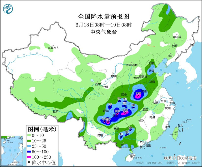 图4 全国降水量预报图（6月18日08时-19日08时）