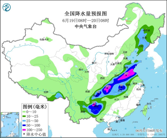 图5 全国降水量预报图（6月19日08时-20日08时）