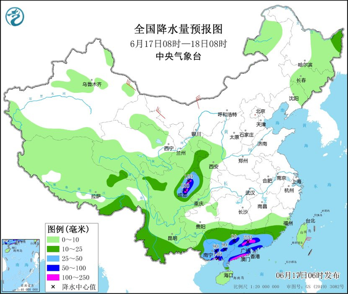 图3 全国降水量预报图（6月17日08时-18日08时）