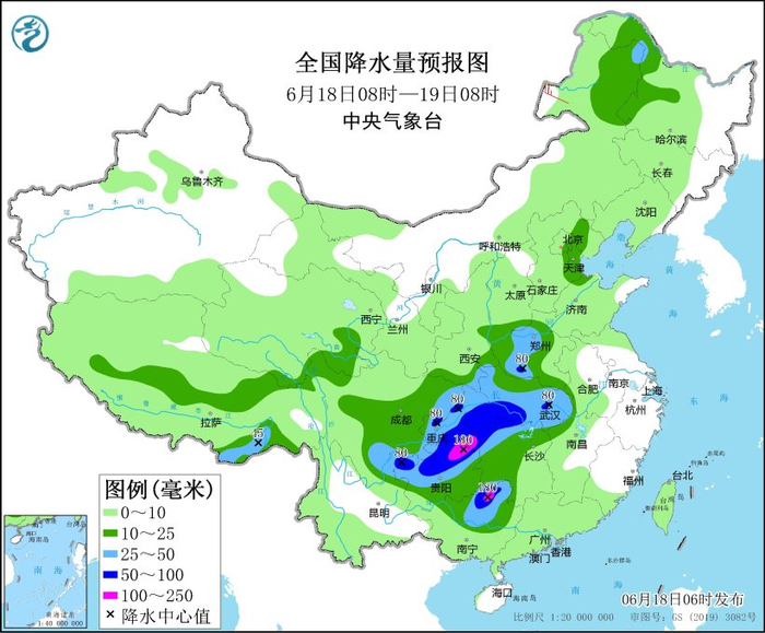 图3 全国降水量预报图（6月18日08时-19日08时）