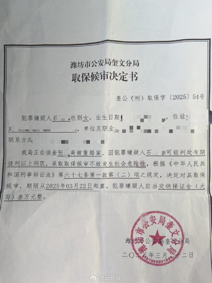 石佩佩的取保候审决定书