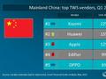 Canalys 公布 2025Q1 中国大陆市场 TWS 耳机出货量排名，小米、华为、苹果前三