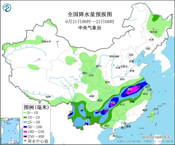 图5 全国降水量预报图（6月21日08时-22日08时）