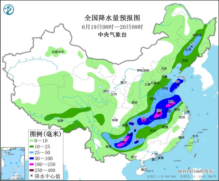 图3 全国降水量预报图（6月19日08时-20日08时）
