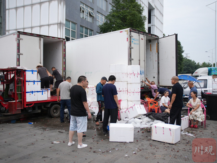 商家正在将荔枝打包装车。