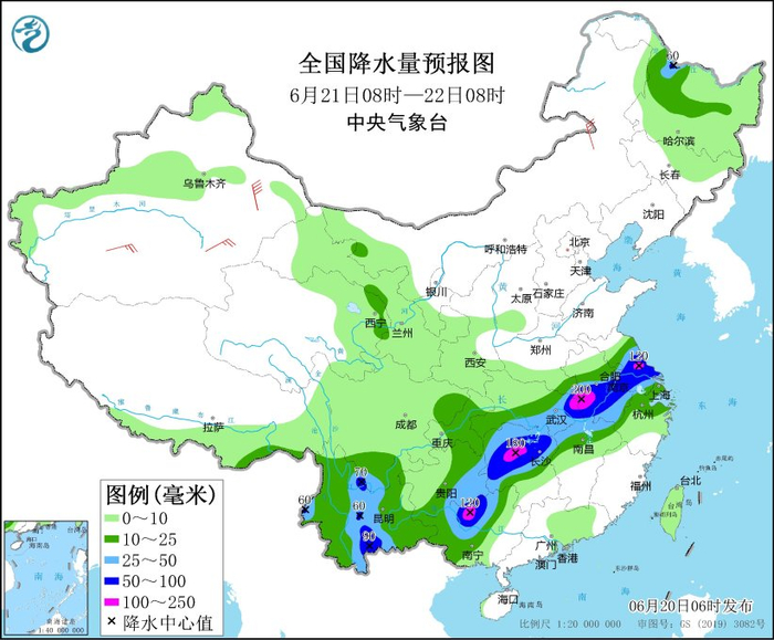 图3 全国降水量预报图（6月21日08时-22日08时）