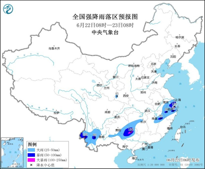 图1 全国强降雨落区预报图（6月22日08时-23日08时）