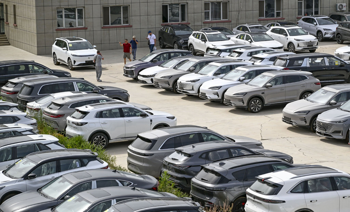 在新疆霍尔果斯一家汽车贸易公司，外国客商在室外仓库了解情况（6月10日摄）。新华社记者 陈朔 摄