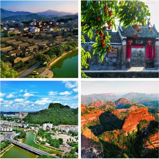 图为灵山县的三海街道、灵山县邓屋村、灵山县县城、灵山县六峰山